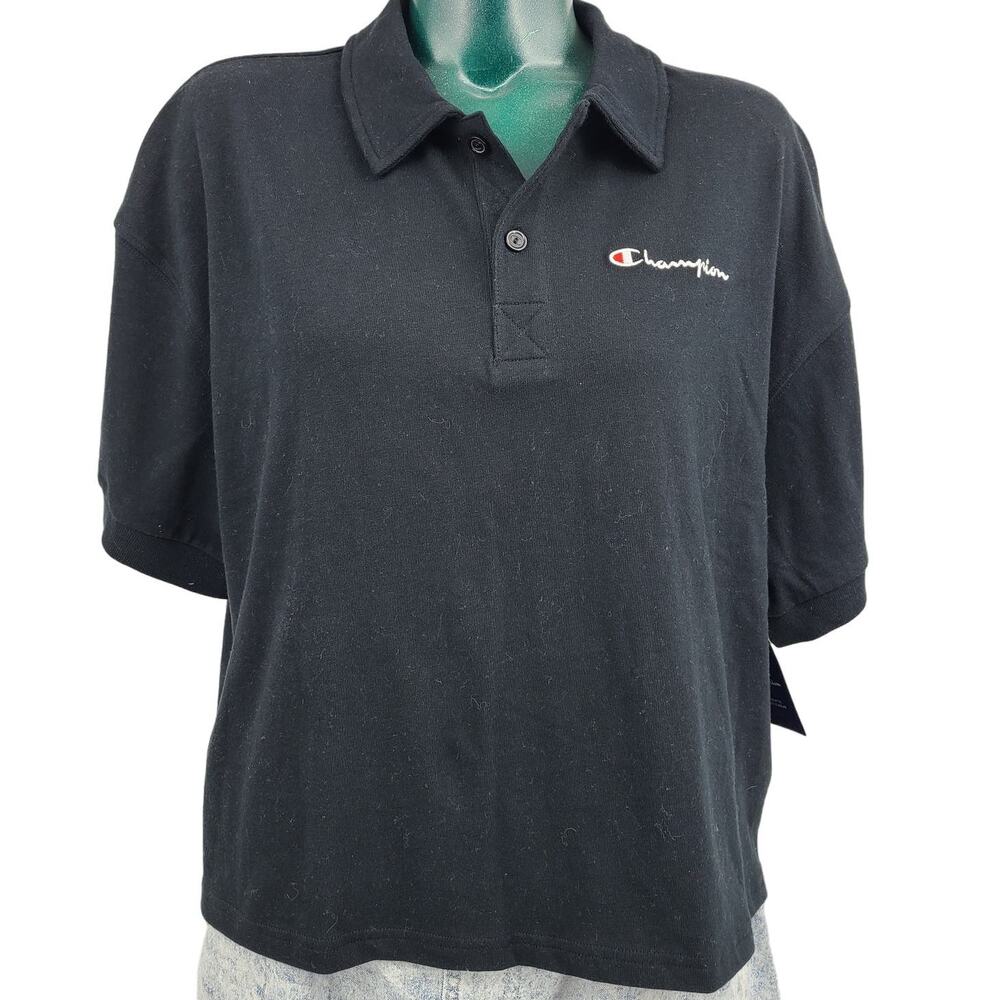 NEW Champion Black Boxy Fit Polo Shirt Short Sleeve Women's Size L 2605